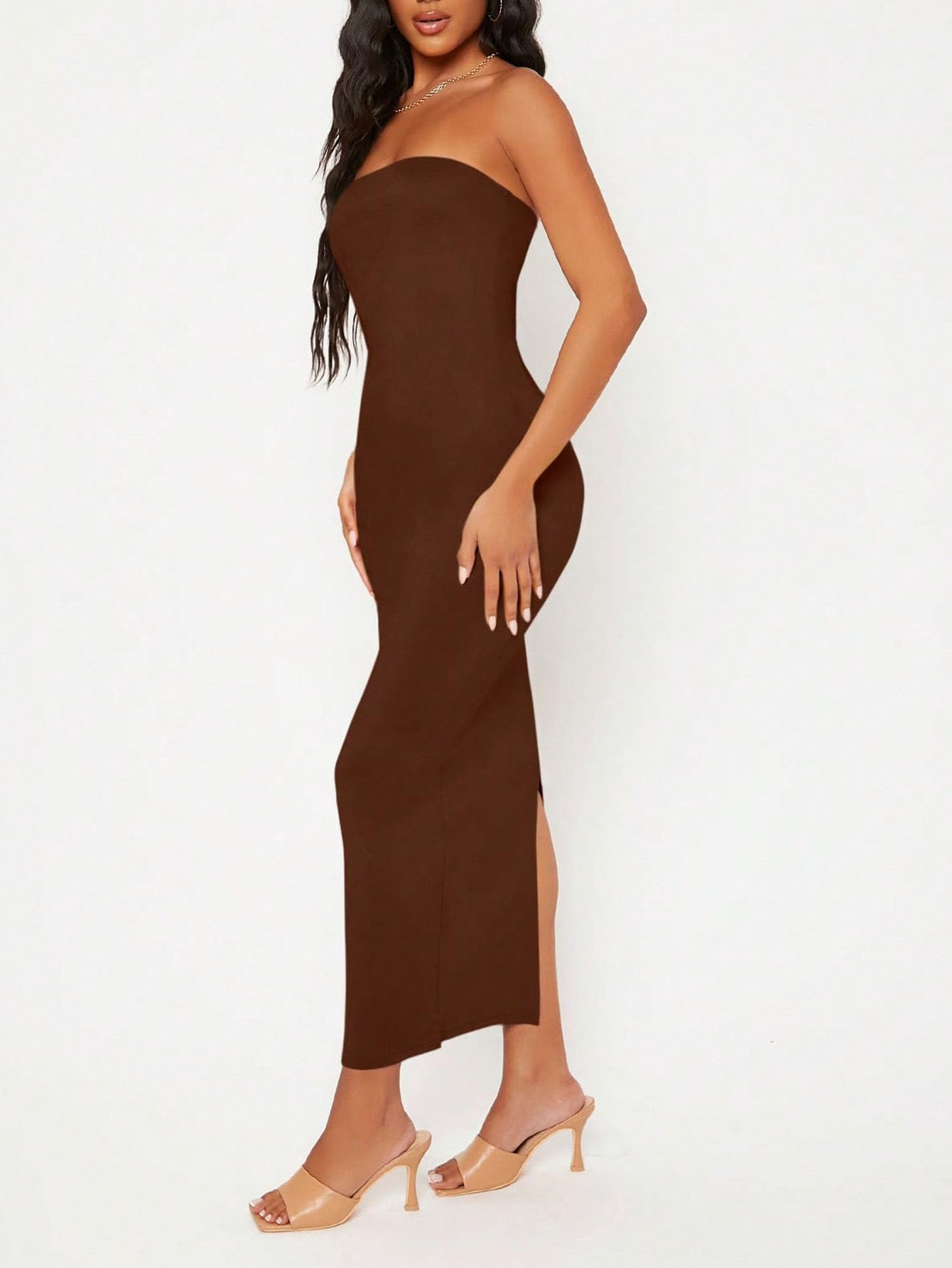 Solid Strapless Sleeveless Bandeau Tube Top Bodycon Maxi Dress