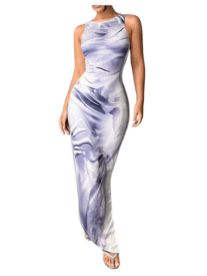 Tie Dye Bodycon Long Dress Sleeveless Round Neck Slit Maxi Tank Dresses