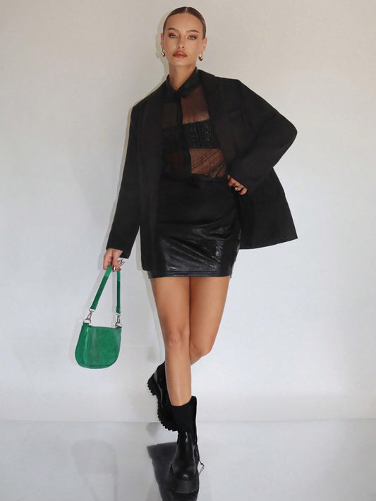 Glitter Mesh Sheer Button Front Long Sleeve See Through Sexy Bodycon Party Mini Dress