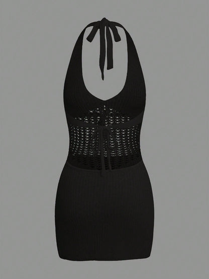 Crochet Beach Cover Up Dresses Hollow Out Tie Backless Halter Swimsuit Coverups