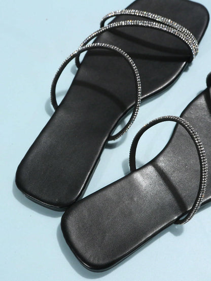 Rhinestone Strappy Flat Sandals Open Toe Slip One Slides Outdoor Sandals