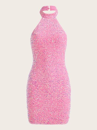 Sequin Halter Neck Glitter Backless Sleeveless Ruched Contrast Bodycon Pencil Mini Dress