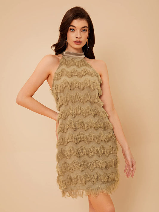 Fringe Trim Halter Sleeveless Party Straight Short Dress