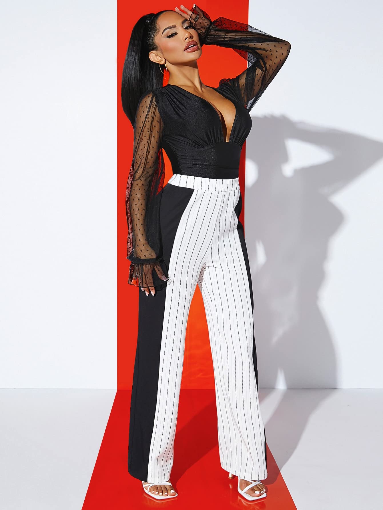 Deep V Neck Mesh Long Sleeve Sexy Ruched Party Fitted Bodysuit