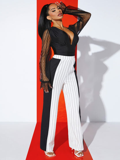 Deep V Neck Mesh Long Sleeve Sexy Ruched Party Fitted Bodysuit