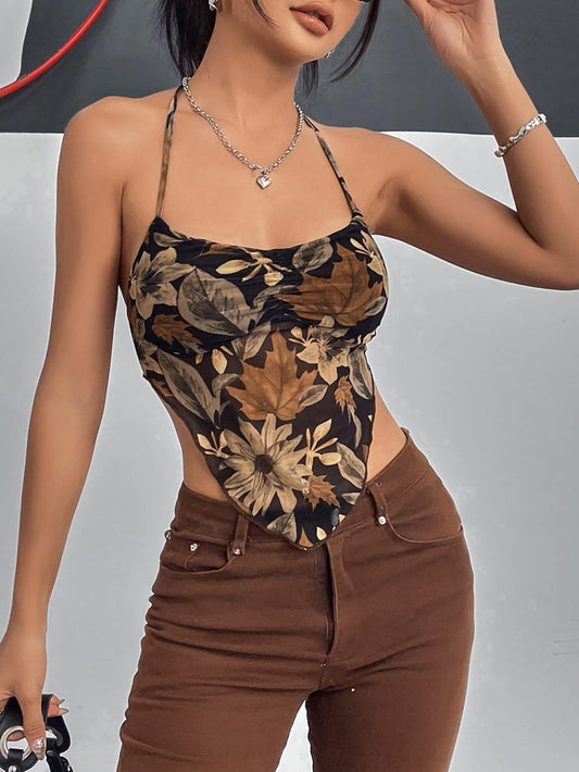 Women's Floral Print Halter Cami Crop Tops Tie Backless Bandana Top