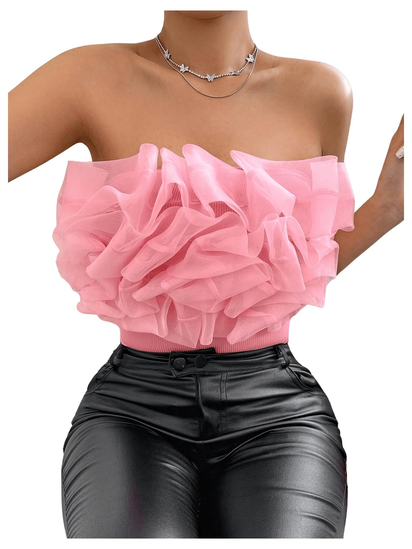 Elegant Strapless Ruffle Trim Appliques Sleeveless Bodysuit Tank Tops