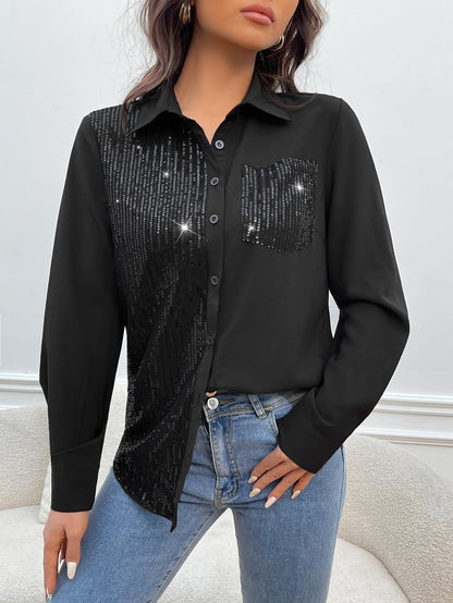 Contrast Sequin Button Up Long Sleeve Shirt Party Top with Pocket