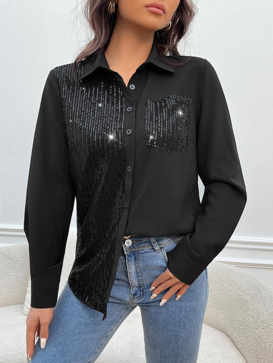 Contrast Sequin Button Up Long Sleeve Shirt Party Top with Pocket