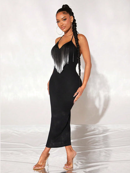 Fringe Trim Split Backless Halter Neck Sleeveless Party Bodycon Maxi Dress