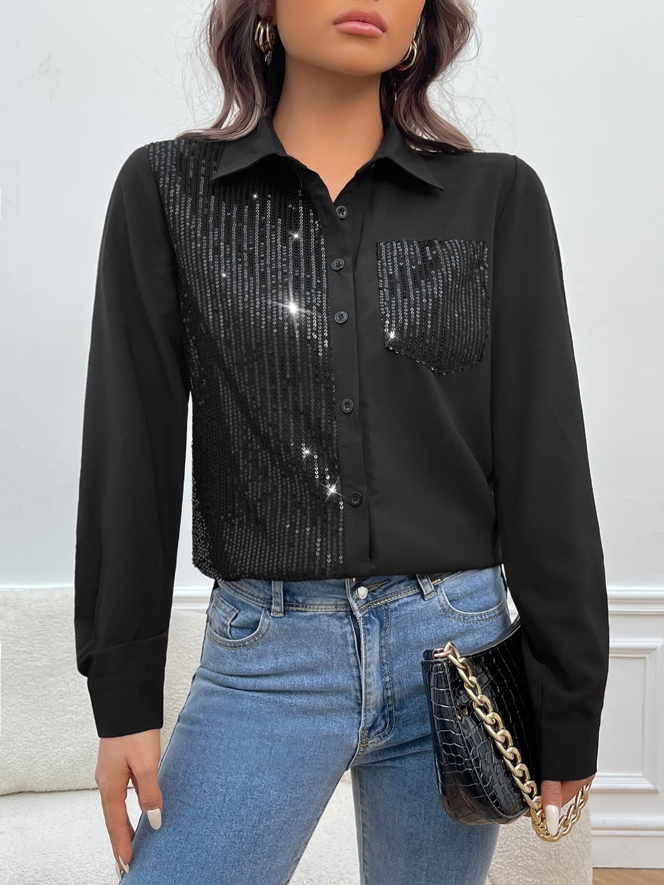 Contrast Sequin Button Up Long Sleeve Shirt Party Top with Pocket