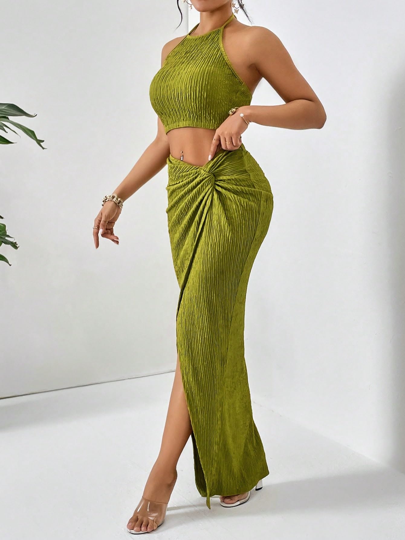 2 Piece Outfits Strapless Tube Top and Twist Front Split Thigh Skirt