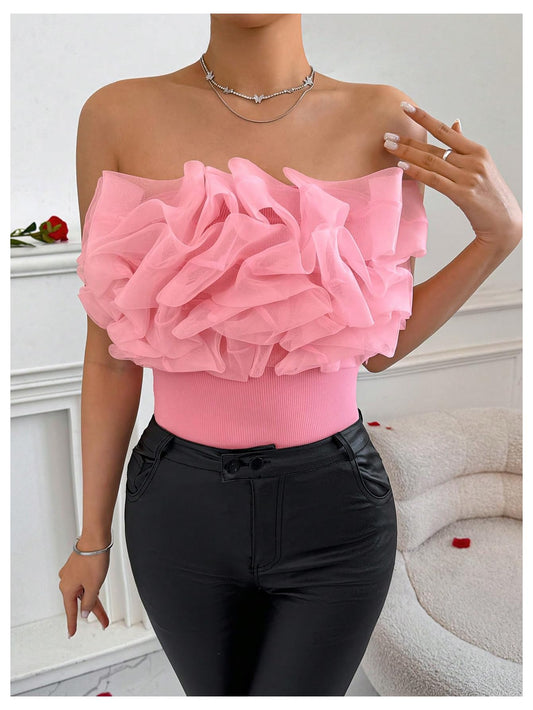 Elegant Strapless Ruffle Trim Appliques Sleeveless Bodysuit Tank Tops