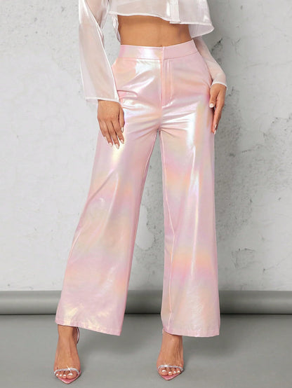 High Waist Holographic Party Club Legging Trousers Night Out Ombre Straight Leg Pants
