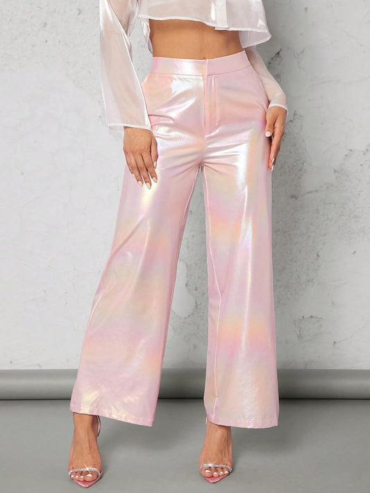 High Waist Holographic Party Club Legging Trousers Night Out Ombre Straight Leg Pants