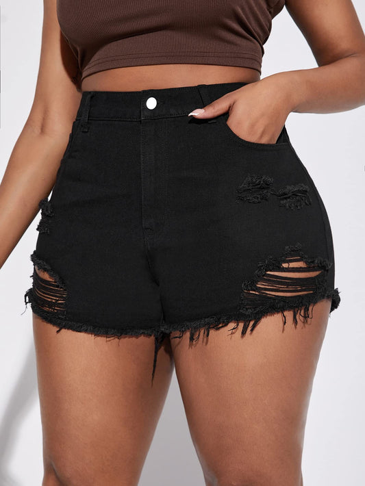 Plus Size High Waisted Button Ripped Raw Hem Denim Shorts