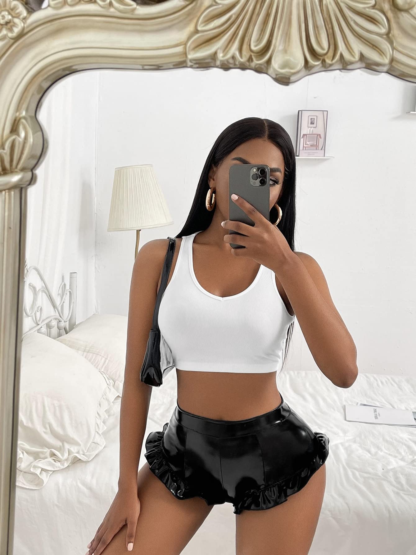 PU Leather High Waisted Booty Shorts Ruffle Hem Skinny Shorts