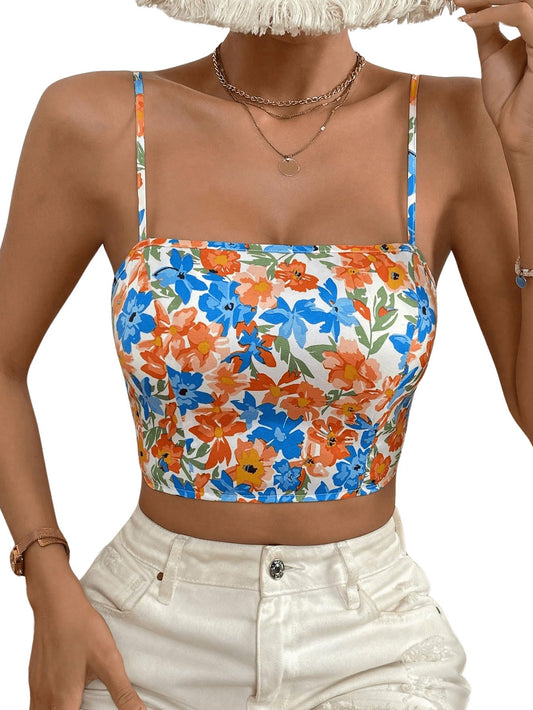 Boho Floral Print Tie Backless Spaghetti Strap Camisole Sleeveless Crop Cami Top