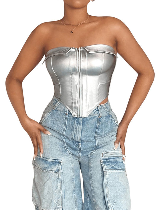 Metallic Corset Tops Strapless Bandeau Tube Tops Sleeveless Asymmetrical Concert Crop Tops
