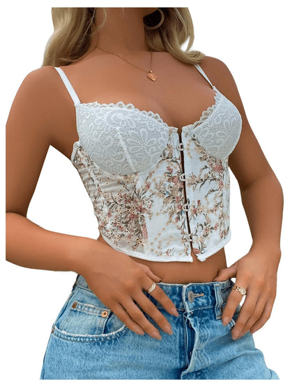 Floral Print Contrast Lace Spaghetti Strap Lace Up Back Corset Cami Crop Tops