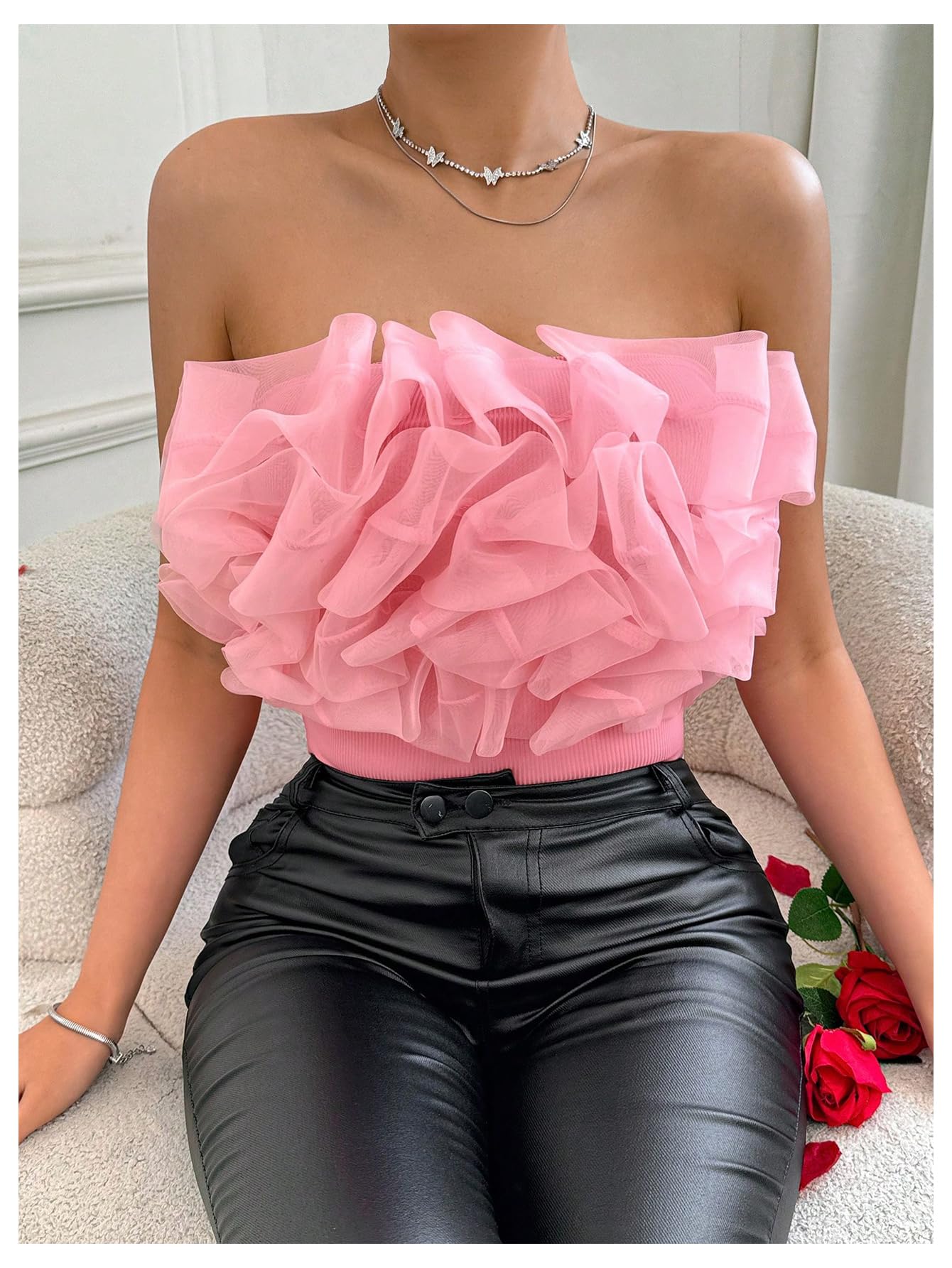 Elegant Strapless Ruffle Trim Appliques Sleeveless Bodysuit Tank Tops