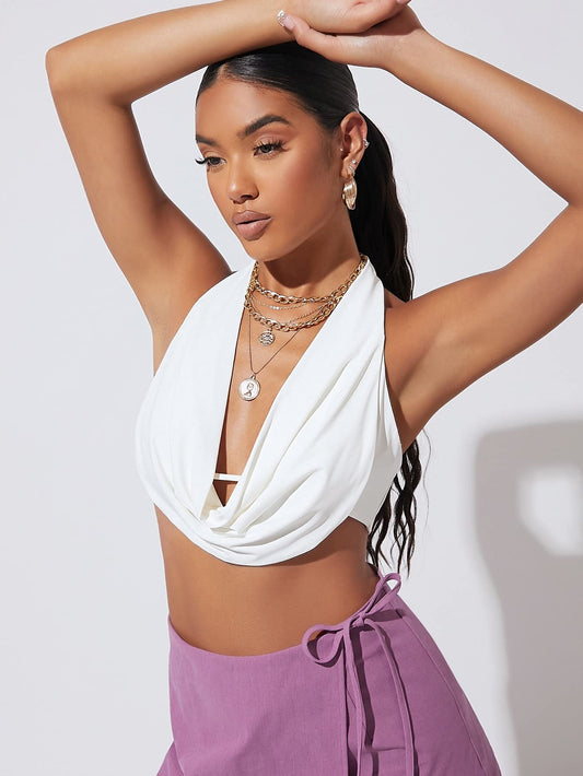 Ruched Draped Neck Tie Backless Crop Halter Top