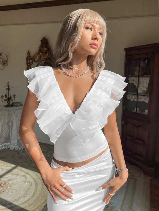 Contrast Mesh Ruffle Trim Shirt Deep V Neck Sleeveless Crop Tank Top