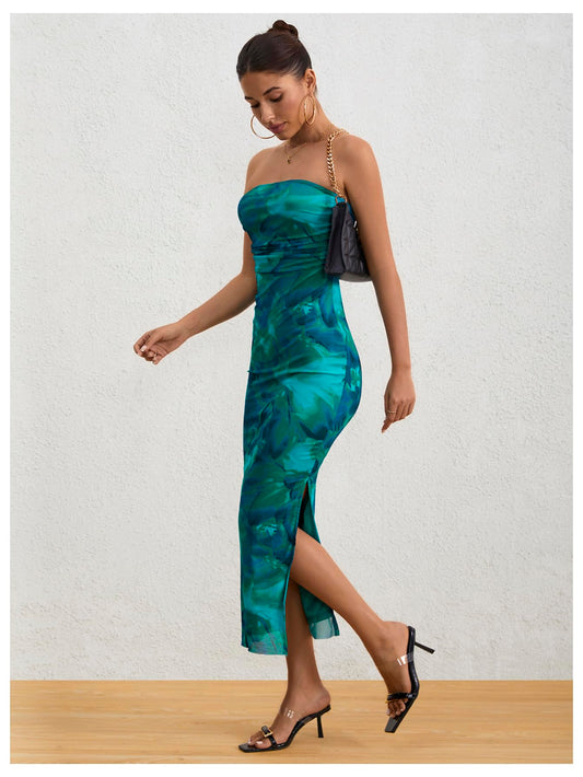 Printed Strapless Tube Top Long Dress Slit Hem Sleeveless Bodycon Maxi Dresses