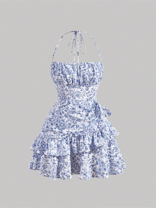 Women's Summer Halter Dresses Boho Floral Sundress Ruffle Flowy Mini Dress Coquette Birthday Dresses