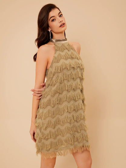 Fringe Trim Halter Sleeveless Party Straight Short Dress