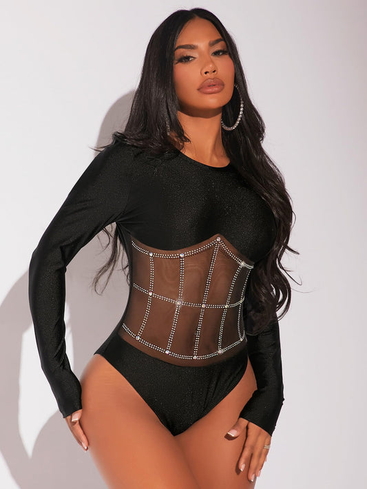 Sequin Sheer Mesh Round Neck Long Sleeve Bodysuit Crewneck Club Party Shirt