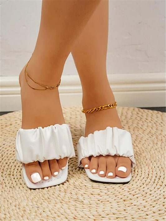Ruched Quare Open Toe Slide Sandals Trendy Flat Sandal Slippers