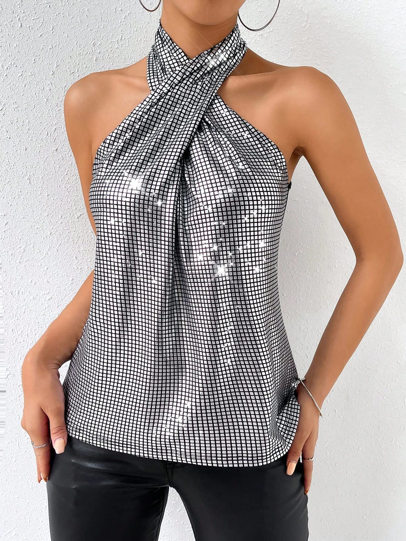 Contrast Sequin Tank Top Criss Cross Tee Halter Sleeveless Tops