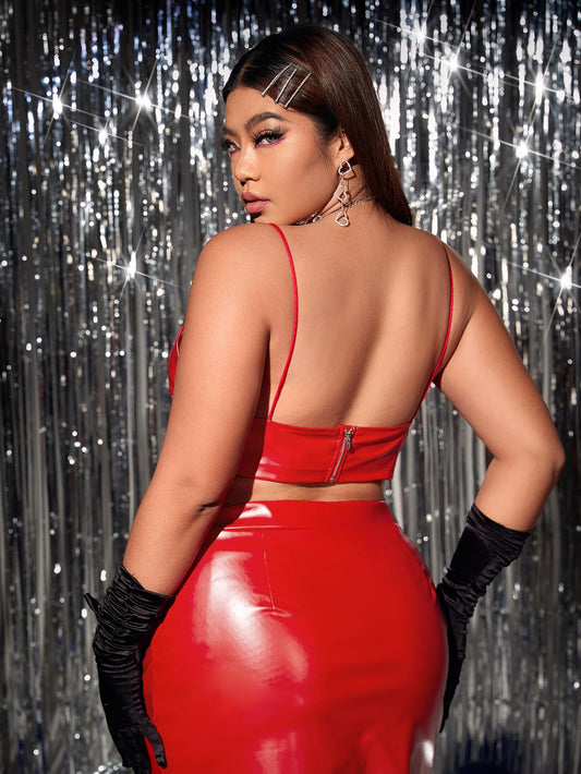 Deep V Neck Spaghetti Strap Zipper Backless Pu Leather Party Crop Cami Top