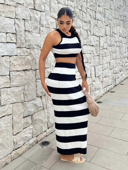 2 Piece Outfit Color Block Striped Halter Top and Ribbed Knit Bodycon Maxi Skirt Set