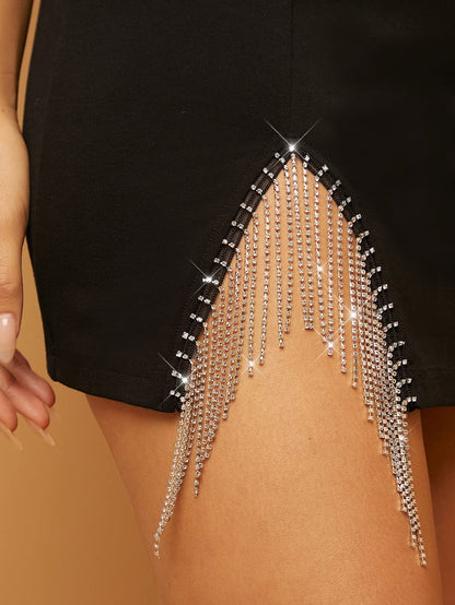 Rhinestone Fringe Trim Bodycon Mini Skirt High Waist Short Skirts