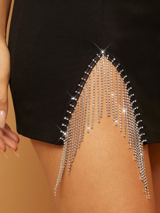 Rhinestone Fringe Trim Bodycon Mini Skirt High Waist Short Skirts