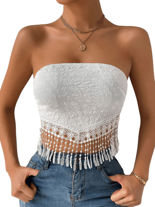 Floral Fringe Hem Strapless Crop Top Sleeveless Tie Back Bandeau Tube Top