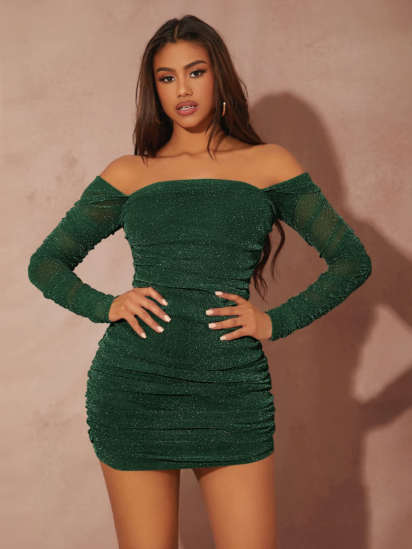 Off The Shoulder Long Sleeve Ruched Glitter Cocktail Party Bodycon Mini Dress