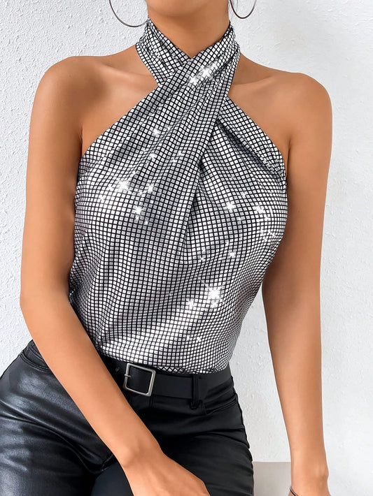 Contrast Sequin Tank Top Criss Cross Tee Halter Sleeveless Tops