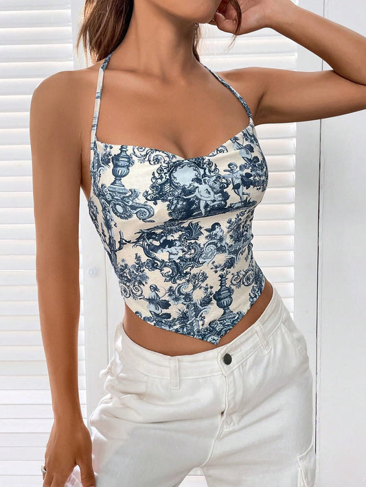 Women's Floral Angle Print Bandana Y2K Crop Tops Cowl Neck Sleeveless Halter Cami Tops