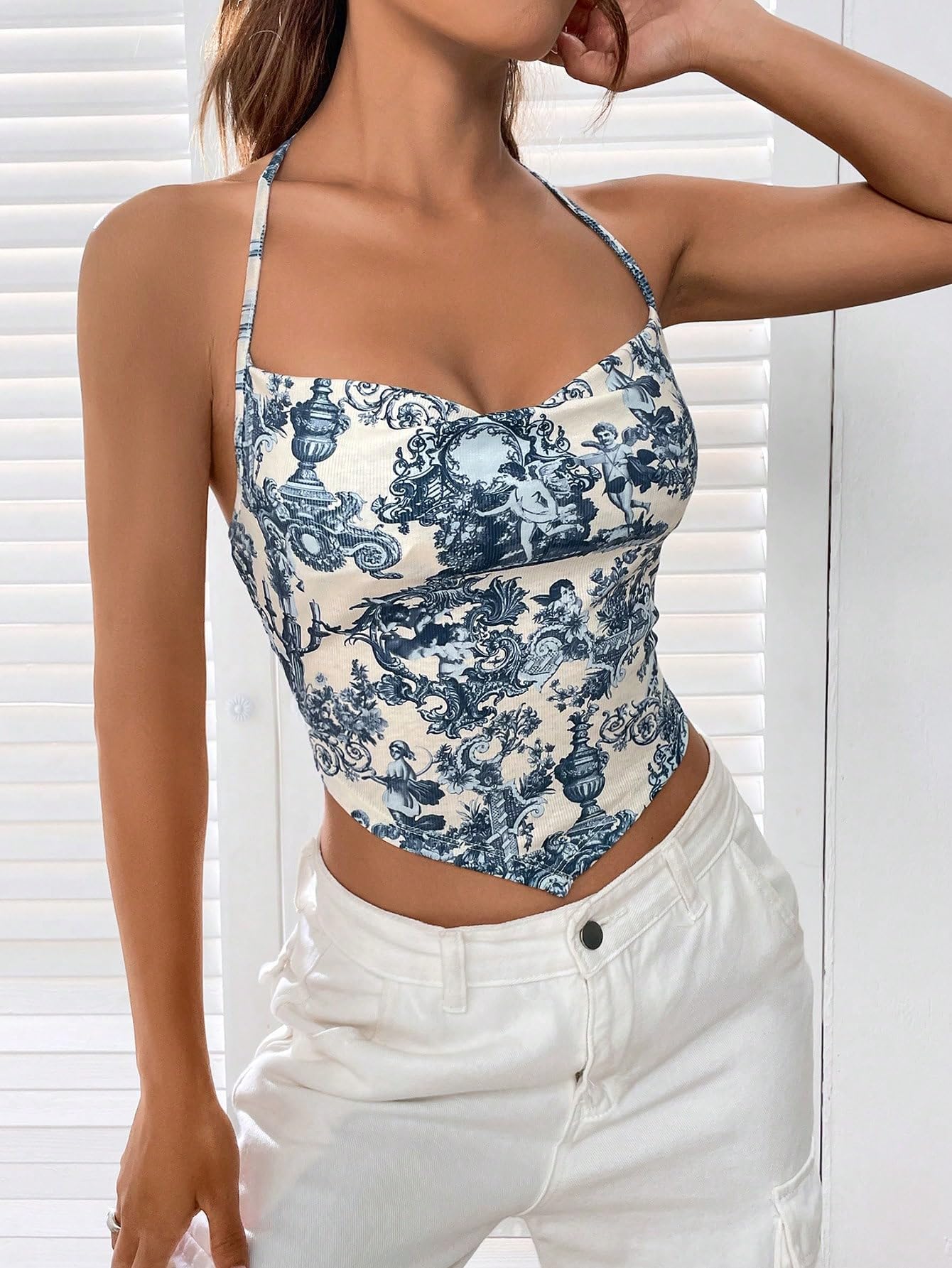 Women's Floral Angle Print Bandana Y2K Crop Tops Cowl Neck Sleeveless Halter Cami Tops