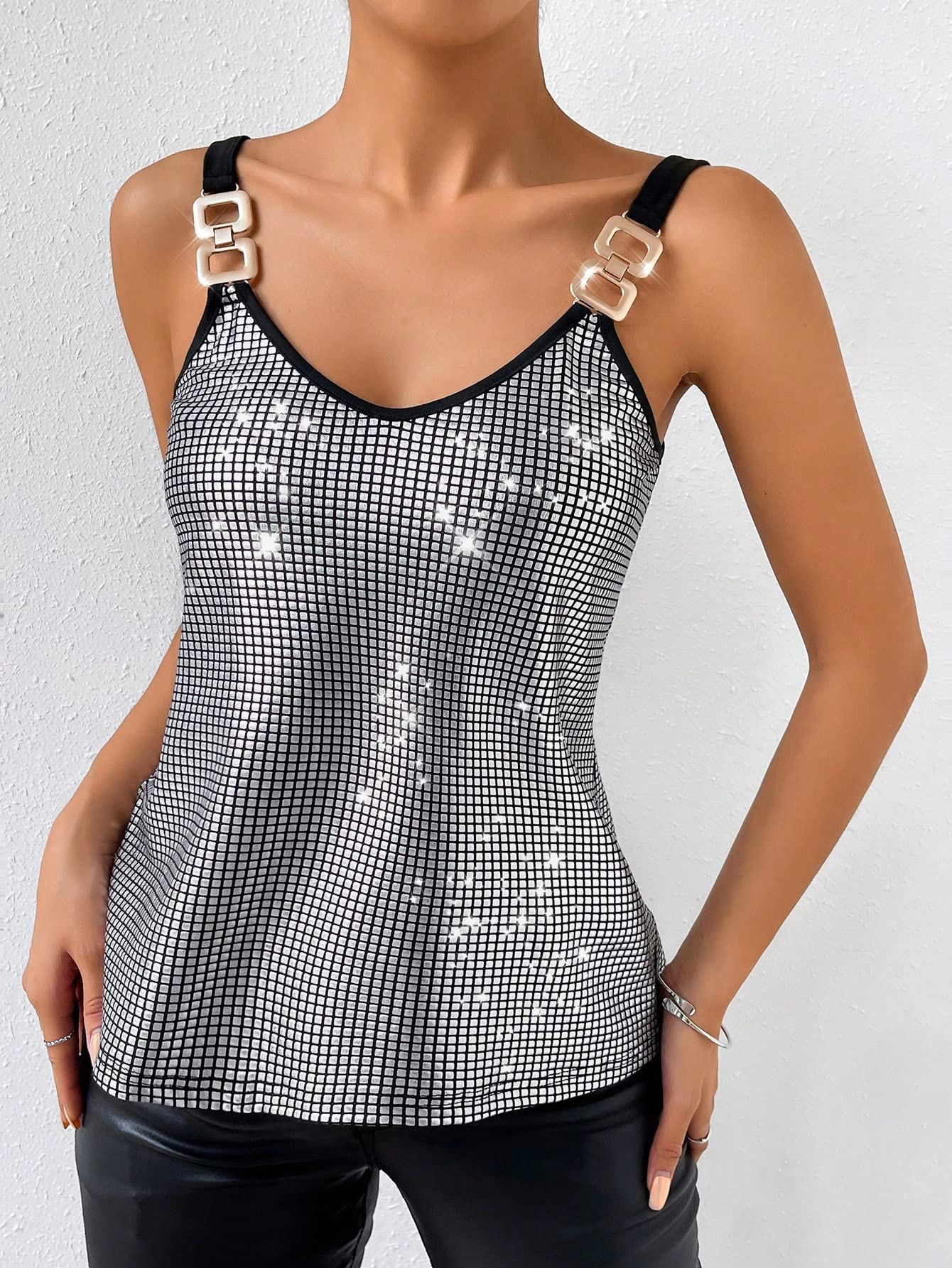 Chain Detail Contrast Binding Sequin Casual Plain Summer Cami Top