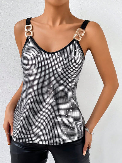 Chain Detail Contrast Binding Sequin Casual Plain Summer Cami Top