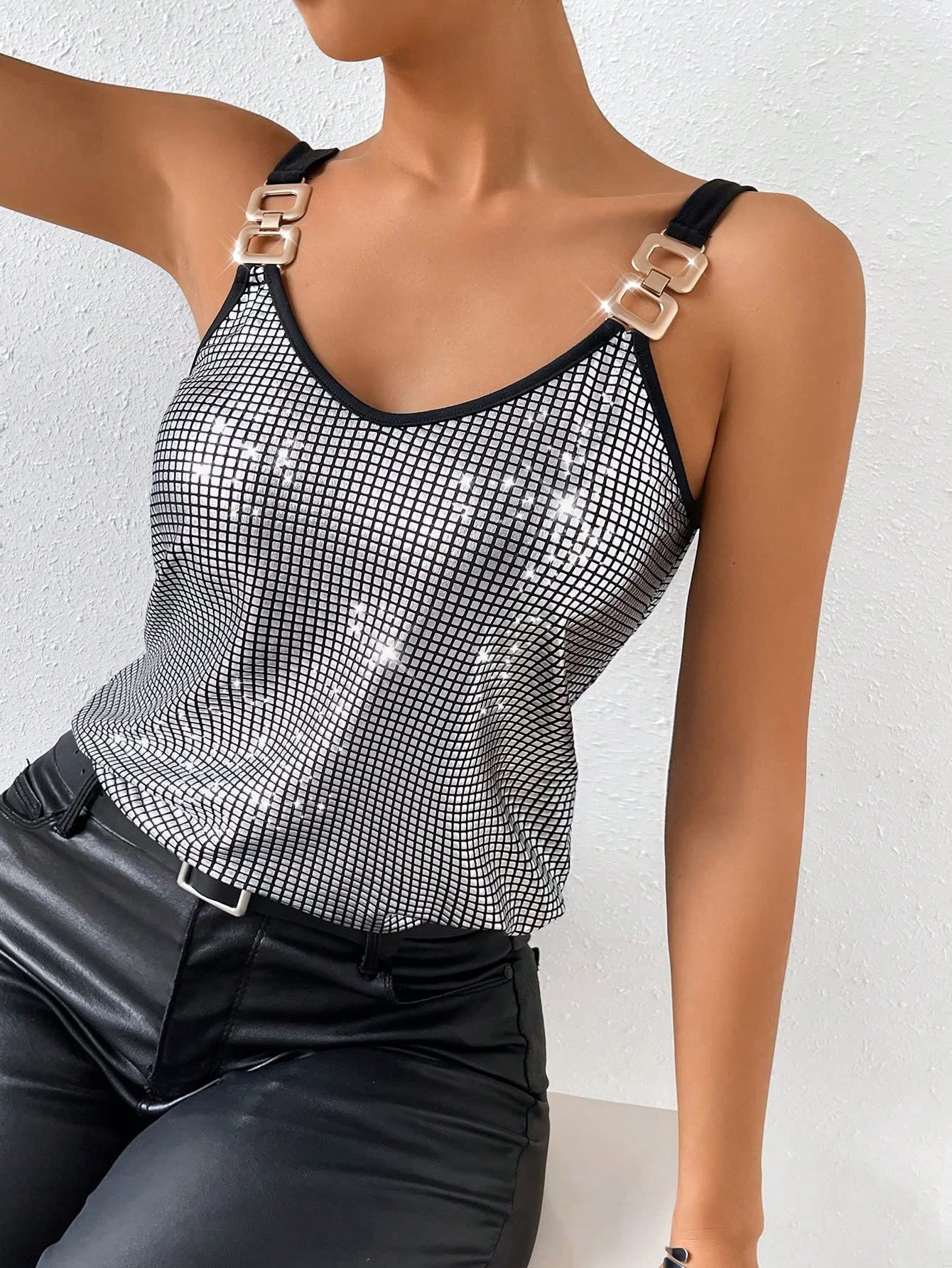 Chain Detail Contrast Binding Sequin Casual Plain Summer Cami Top