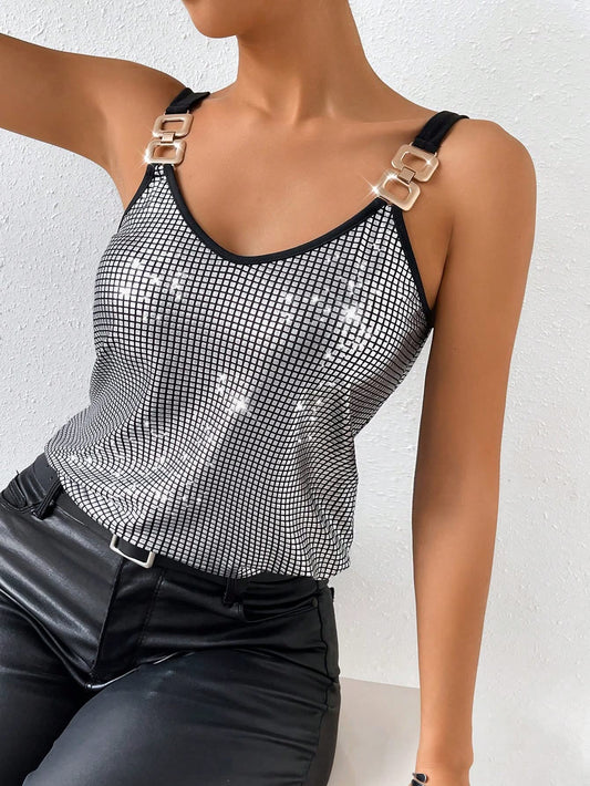 Chain Detail Contrast Binding Sequin Casual Plain Summer Cami Top