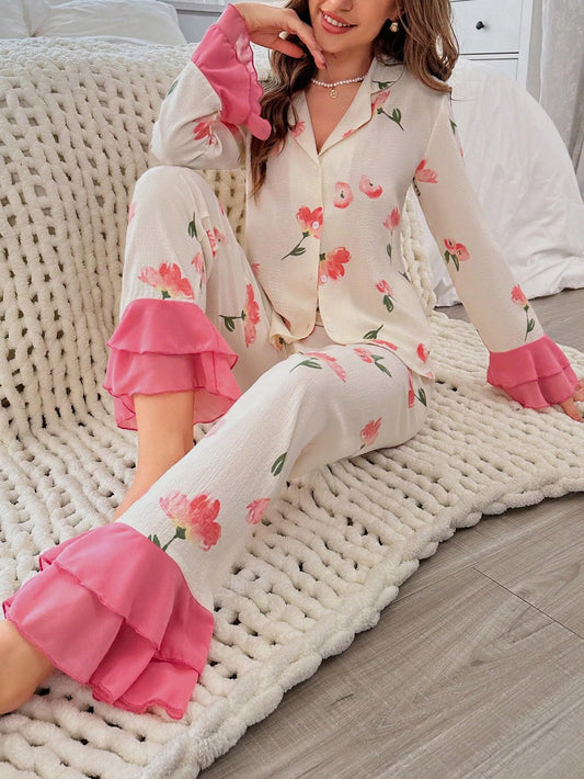 2 Piece Pajama Set Floral Print Ruffle Hem Long Sleeve Button Top and Pants Sleepwear