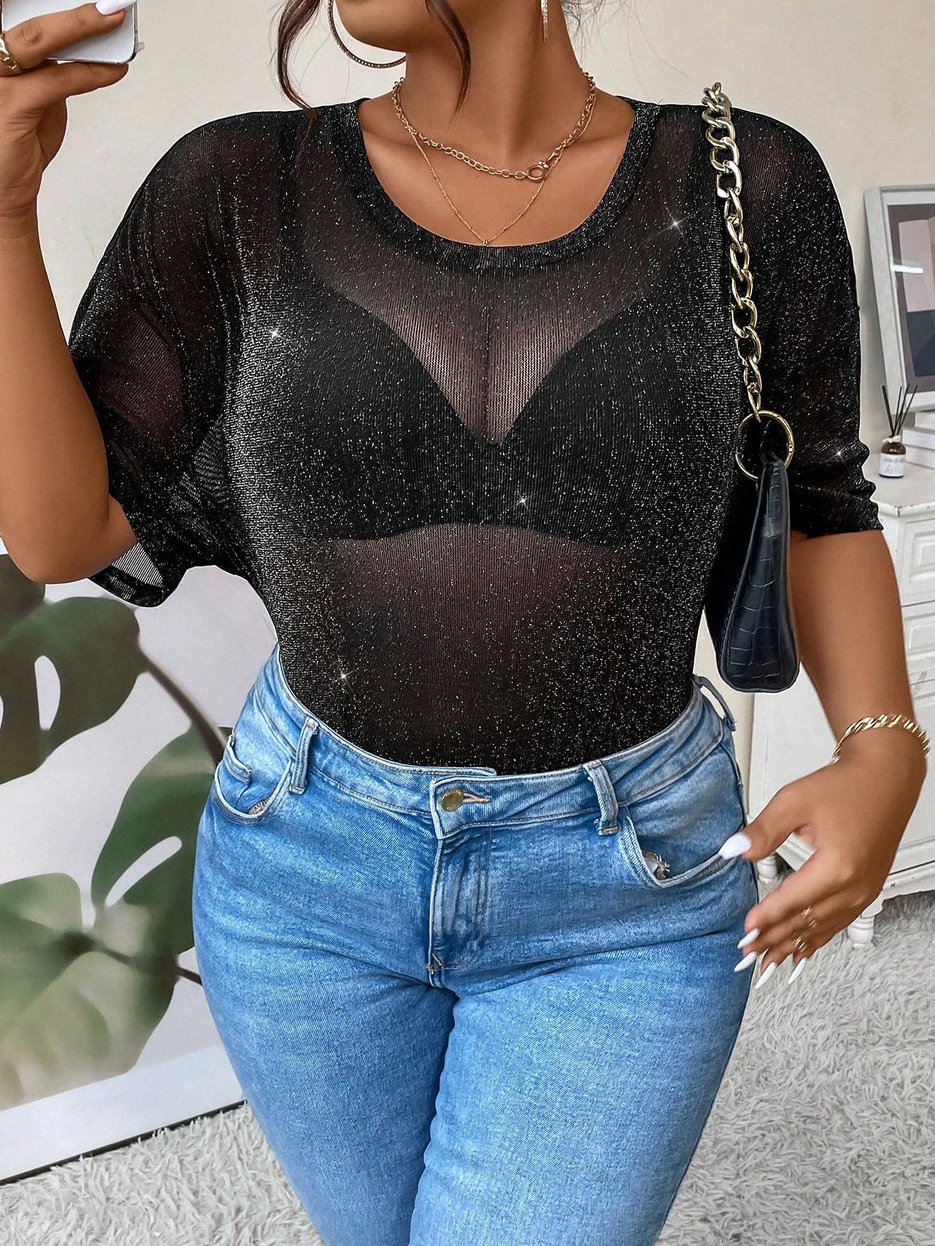 Plus Size Glitter Sheer Mesh Short Sleeve Tee Shirt Top