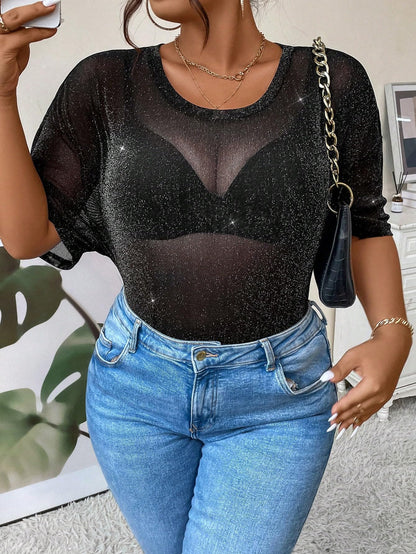 Plus Size Glitter Sheer Mesh Short Sleeve Tee Shirt Top