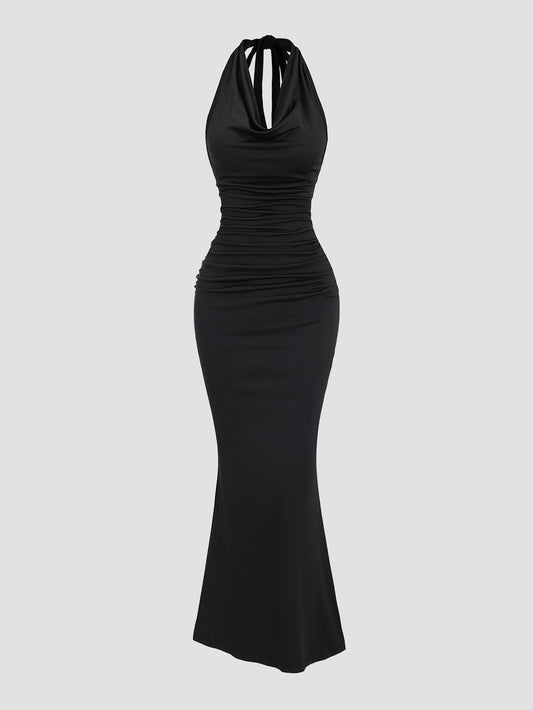 Halter Tie Maxi Dresses Elegant Classy Backless Cowl Neck Evening Gowns Formal Cocktail Ruched Dress